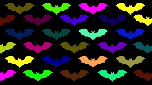 Batastic Colorful Blinking Bats Wallpaper 4K Loop features bat silhouettes in multiple colors blinking and changing colors similar to a neon sign flickering in a loop.