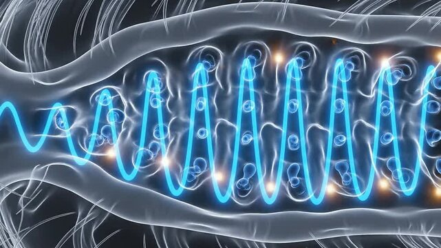 Illuminated DNA-Like Structure Visualization In Blue Light Representing Biotechnology And Molecular Dynamics In Cellular Research