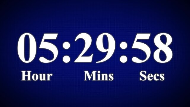 6 Hours countdown timer animation, isolated on a blue and grid background with an alpha channel. High quality 4K video.