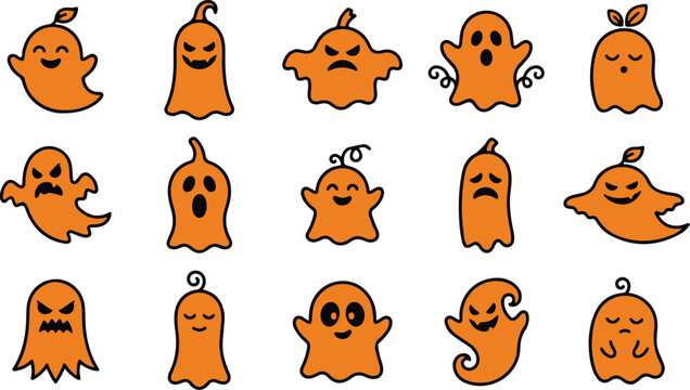 Set of Halloween ghost silhouettes with expressive flying shapes