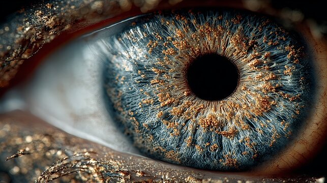 Detailed macro view of a striking human eye, showcasing intricate iris patterns and captivating blue-brown hues, a mesmerizing close-up portrait