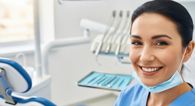 Friendly Female Dentist Smiling in Dental Clinic Office