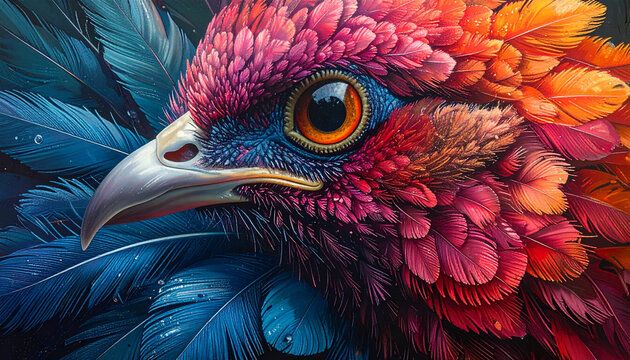Close-up of a colorful fantasy bird's head with ornate feathers