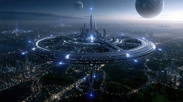 Futuristic city skyline with a large ring structure at night featuring bright lights and planets in the sky