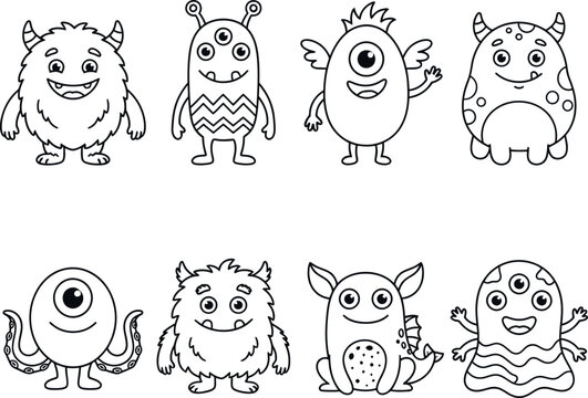 Collection of cute hand drawn doodle monsters vector with character creature illustration