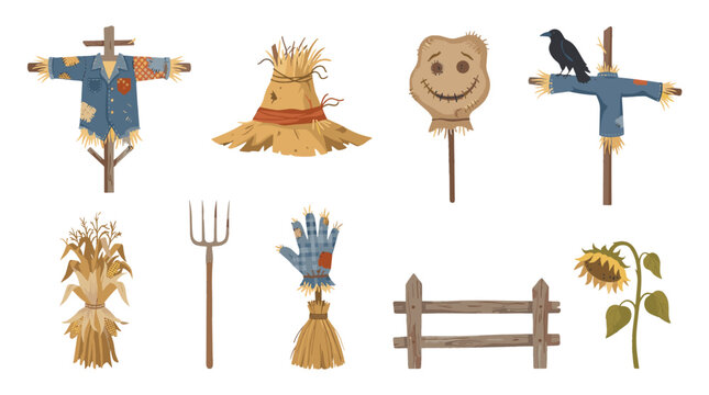 Collection of traditional scarecrow figures with rustic and rural design elements