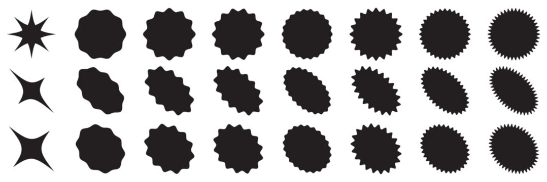  sunburst badges, Sale sticker, price tag, starburst icon set , Circle sticker set. Wavy edge promo red badges. Vector set of circles with zigzag edges, Sunburst sticker shapes, Rounded starburst zigz