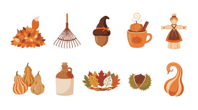 Collection of autumn themed objects including leaves broom pumpkin mug girl and more
