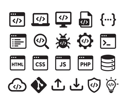 Programming and Web Development Icons Set &ndash; Coding, HTML, CSS, JavaScript, PHP Bold Outline Vector Collection