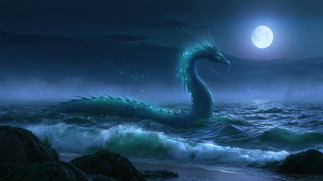 A sea creature swims in dark waters near the shore under a full moon with bright stars in the night sky