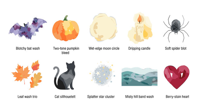 Collection of colorful autumn and winter themed illustrations including animals and seasonal objects