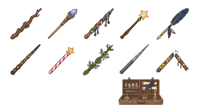 Collection of colorful magic wands and spellbook with magical accessories for fantasy themes