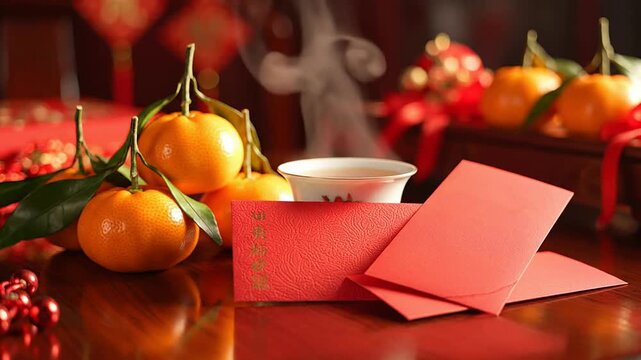 Traditional Chinese New Year Still Life Featuring Fresh Tangerines, Steaming Tea, And Red Envelopes Symbolizing Prosperity And Good Fortune