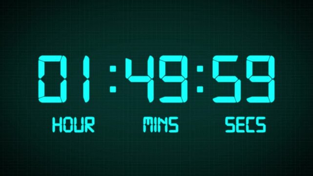 2 Hours countdown timer animation, isolated on a blue and grid background with an alpha channel. High quality 4K video.