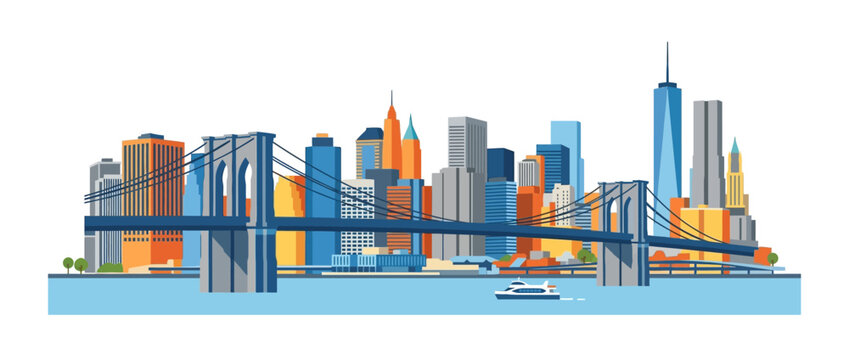 New York City Skyline with Brooklyn Bridge and Manhattan Buildings