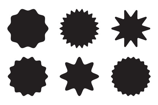 sunburst sticker shapes, rounded starburst frames, discount sale label elements, price tag badges, geometric vector. Wavy edge promo black badges. Star burst shape tags for price. Starburst speech bub