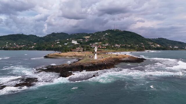 Aerial drone panorama landscape of Yason Burnu (aka Cape Yason) and its lighthouse. Located at Persembe, Ordu, Black Sea region of Turkey