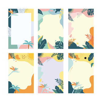 Tropical Botanical Social Media Story Background Templates Set with Palm Leaves and Abstract Shapes