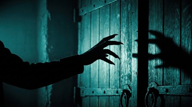 creepy monster hand with long claws reaching for old wooden door in dark room. horror, nightmare, fear, halloween concept. cinematic teal lighting, mystery. copyspace, banner, website header.