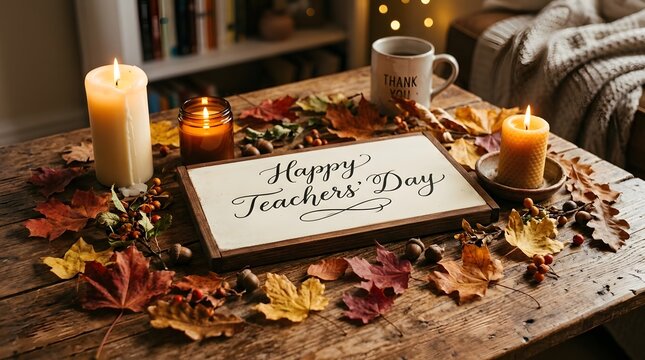 Happy thanksgiving greeting card placed upon rustic wooden table surrounded by warm glowing candles autumn foliage decor