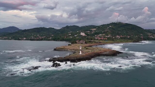 Aerial drone panorama landscape of Yason Burnu (aka Cape Yason) and its lighthouse. Located at Persembe, Ordu, Black Sea region of Turkey