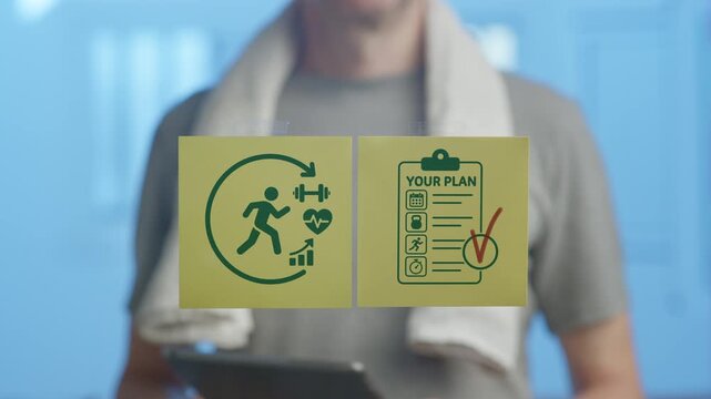 Fitness coach using a tablet to develop a personalized training program for health and wellness, sticking a note with a workout plan icon next to a fitness activities symbol on a glass board