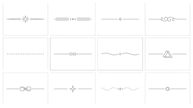 Minimalist decorative line dividers, set of 12 elegant text separators, thin black vector borders for wedding invitations and book layout