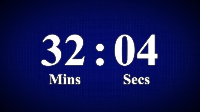 35 minute countdown timer animation, isolated on a blue and grid background. 1 minutes countdown timer animation, 4k High quality video.