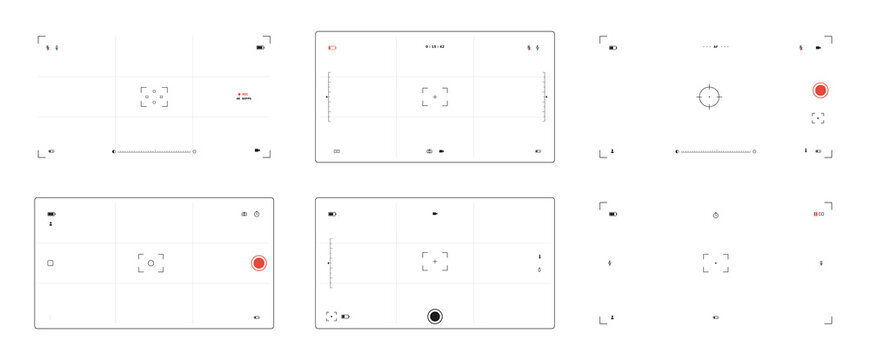 Camera viewfinder ui. Photo and video recording screen interface of camera, dslr video camera and camcorder viewfinder graphic elements. Vector viewfinders ui isolated set.