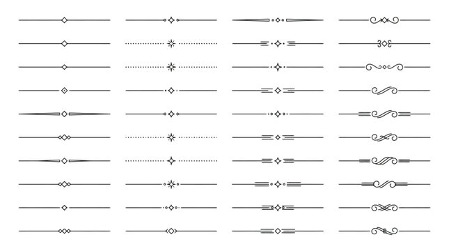 Vintage decorative dividers and ornamental line borders, set of 40 elegant vector flourishes, minimalist black filigree page separators for wedding stationery