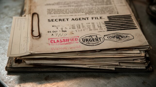 Old secret agent file with stamps and documents showing classified status and marked urgent