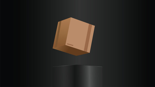 Floating Cardboard Shipping Box on Black Podium 3D Minimal Background