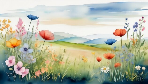 a watercolor painting of several field of flowers minimalistic landscapes digital painting and drawing generative ai