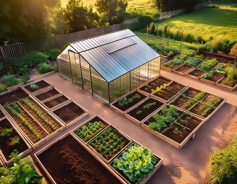 garden with small greenhouse and vegetable beds aerial view sustainable gardening