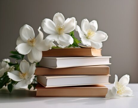 stack of books with white flowers lifestyle aesthetic background