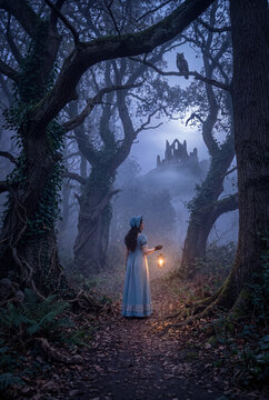 Regency Heroine with Lantern in a Haunted English Forest
