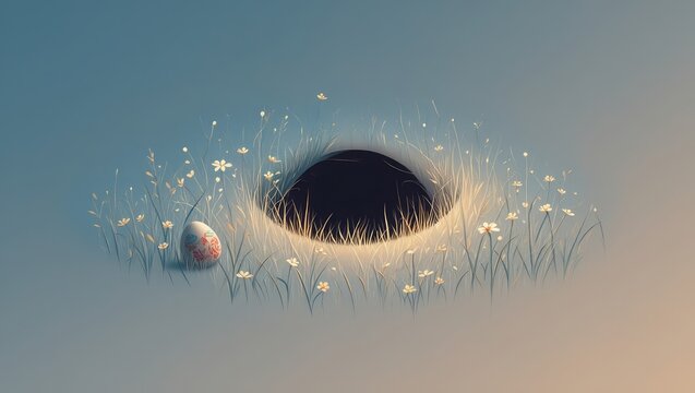 A mysterious dark hole in a grassy field with glowing particles creates a surreal scene. Generative AI.