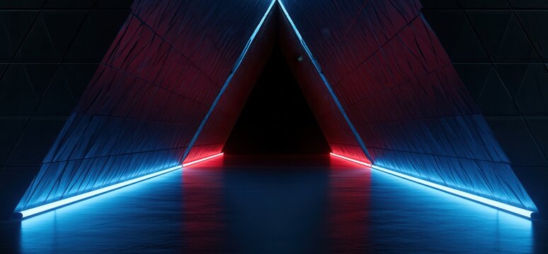 Colorful lights shine in a triangle shape creating an effect in a dark room
