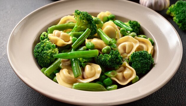 pasta cappelletti mixed with green vegetables such as broccoli and green beans stewed in gravy