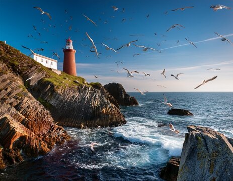 lighthouse on rocky coast with seagulls flying in sky