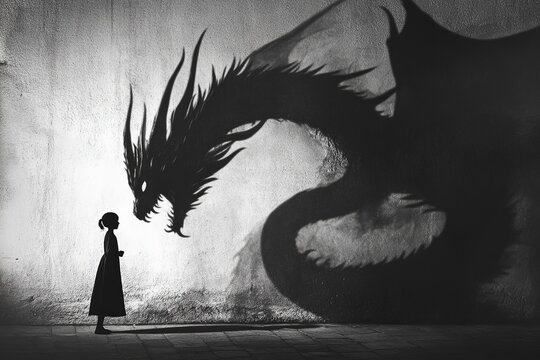 In a vibrant urban space at dusk, a young girl gazes up with wonder at a shadow of a magnificent dragon that looms on the wall. This enchanting scene captures the magic of imagination