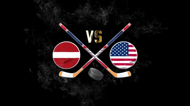 Latvia vs USA Sports Match Banner with Hockey Equipment