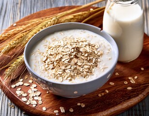 oatmeal and oat milk on wooden board © Amber
