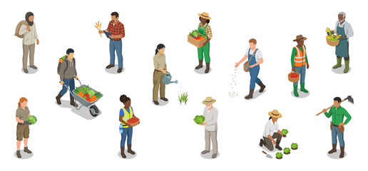 Fototapeta premium Agricultural farmers vector set harvesting fresh crops, watering plants and working | Isometric flat illustration graphics