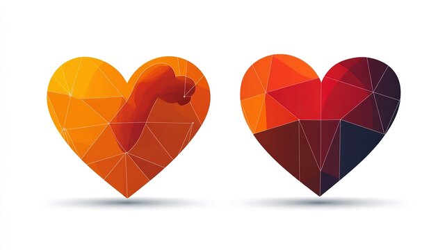 Bright and bold geometric hearts sit side by side, one in warm orange hues and the other in deep red and black tones. They express love through colors and shapes, creating a striking visual