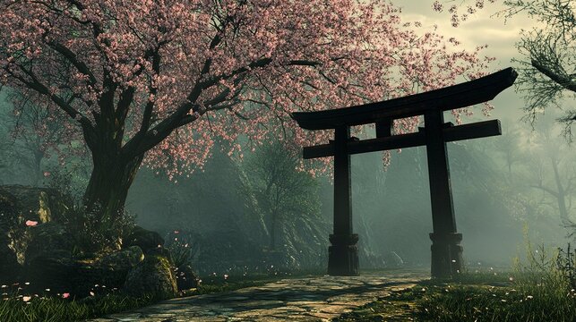 A serene pathway weaves through blooming cherry blossoms, guiding the way to a majestic torii gate. Soft light filters through the fog, creating a tranquil, almost otherworldly atmosphere
