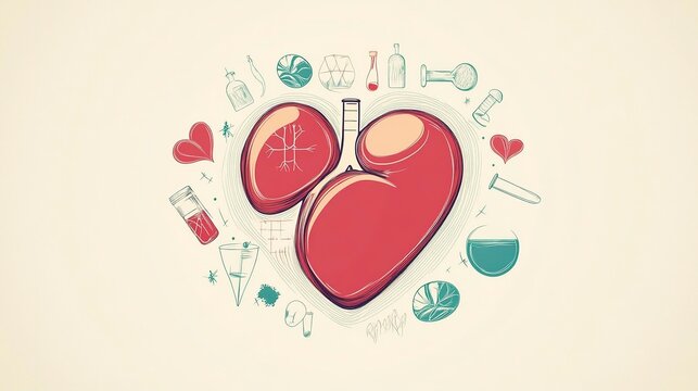 A creative heart illustration combines a red organ with laboratory tools and elements. The playful design blends love and science in an imaginative way