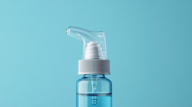 A clear spray bottle stands prominently against a soft blue backdrop, showcasing its minimalist design. The smooth lines and refreshing shape invite curiosity and delight