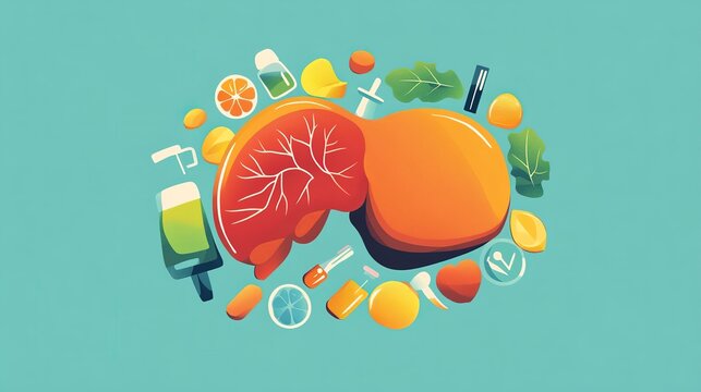 This creative artwork features a vibrant liver and heart surrounded by an array of healthy foods and drinks. It highlights the importance of nutrition and well-being in daily life