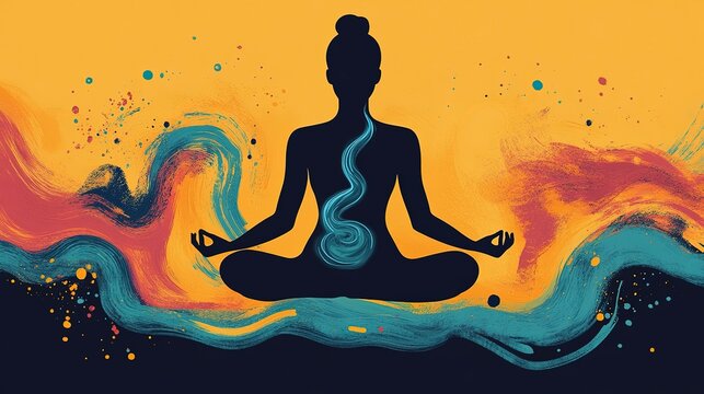 A serene silhouette sits cross-legged, meditating against a backdrop of bright hues and swirling patterns. The scene radiates peace and harmony, inviting tranquility